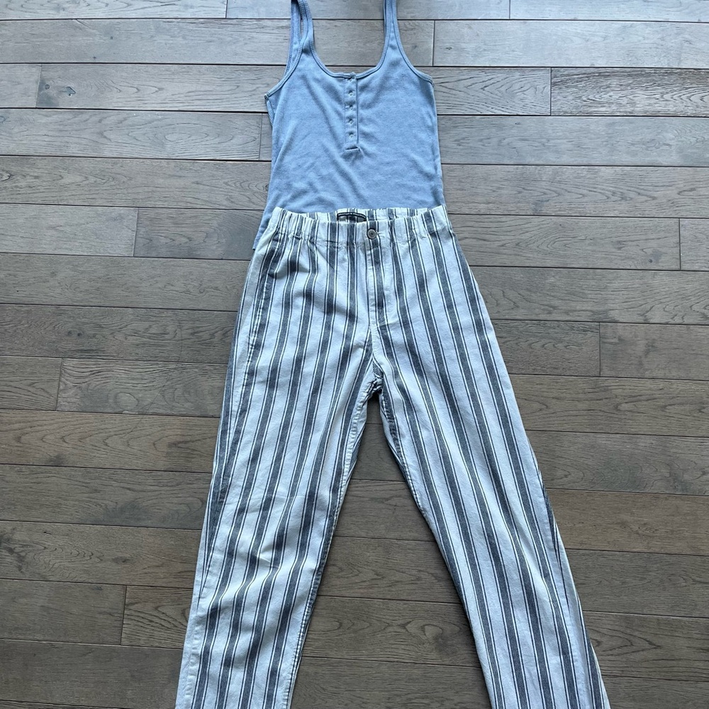 Brandy Melville Blue Tank Top and White/Grey Striped straight pant (One Size)